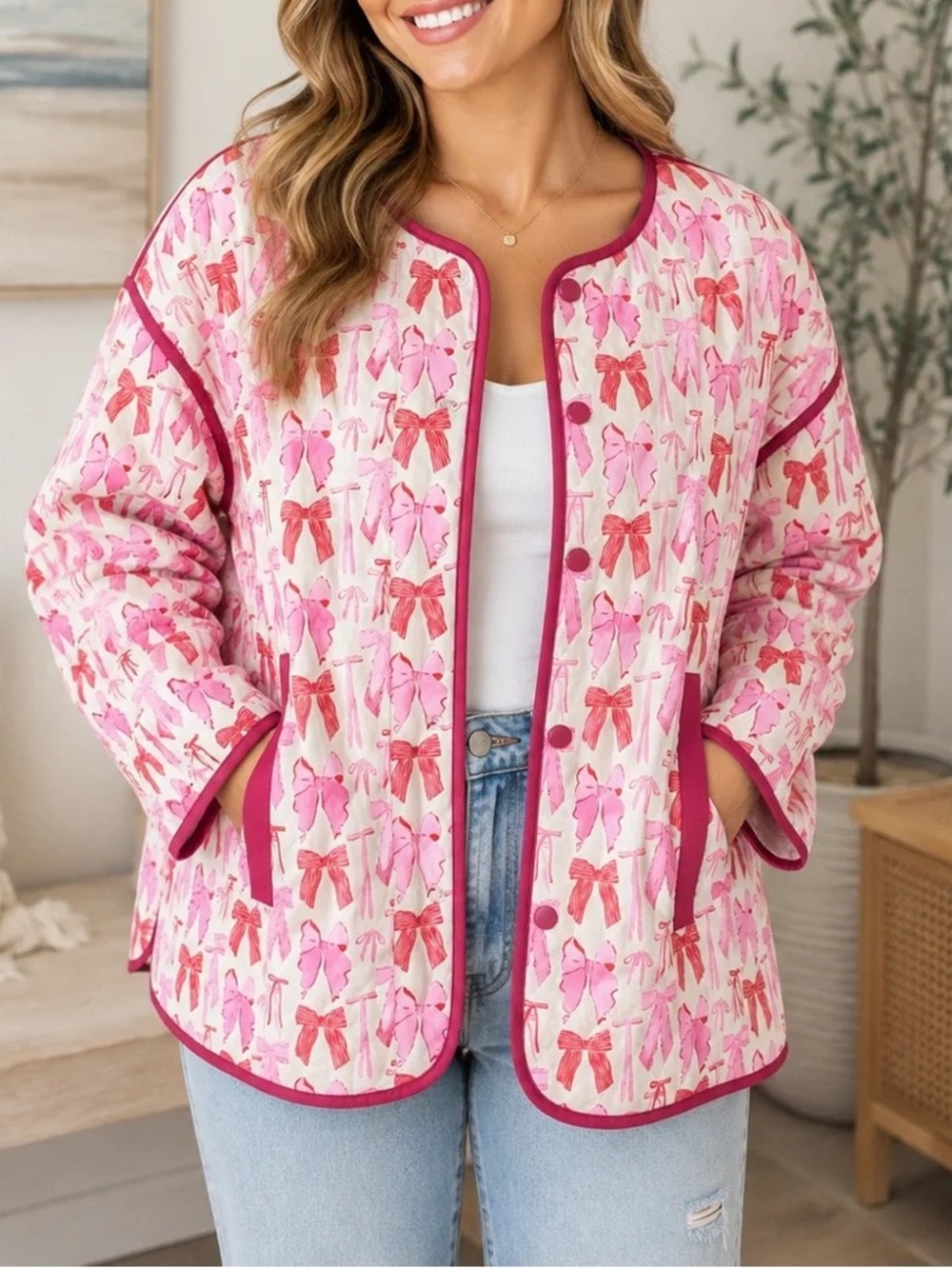 Entro Pink and Burgundy Bow All Over Print Quilted Jacket